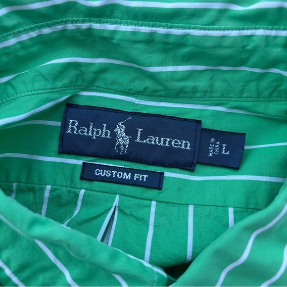Ralph Lauren Custom Fit Men's Large Green White Stripe Purple Pony Button Up Top - Picture 4 of 7
